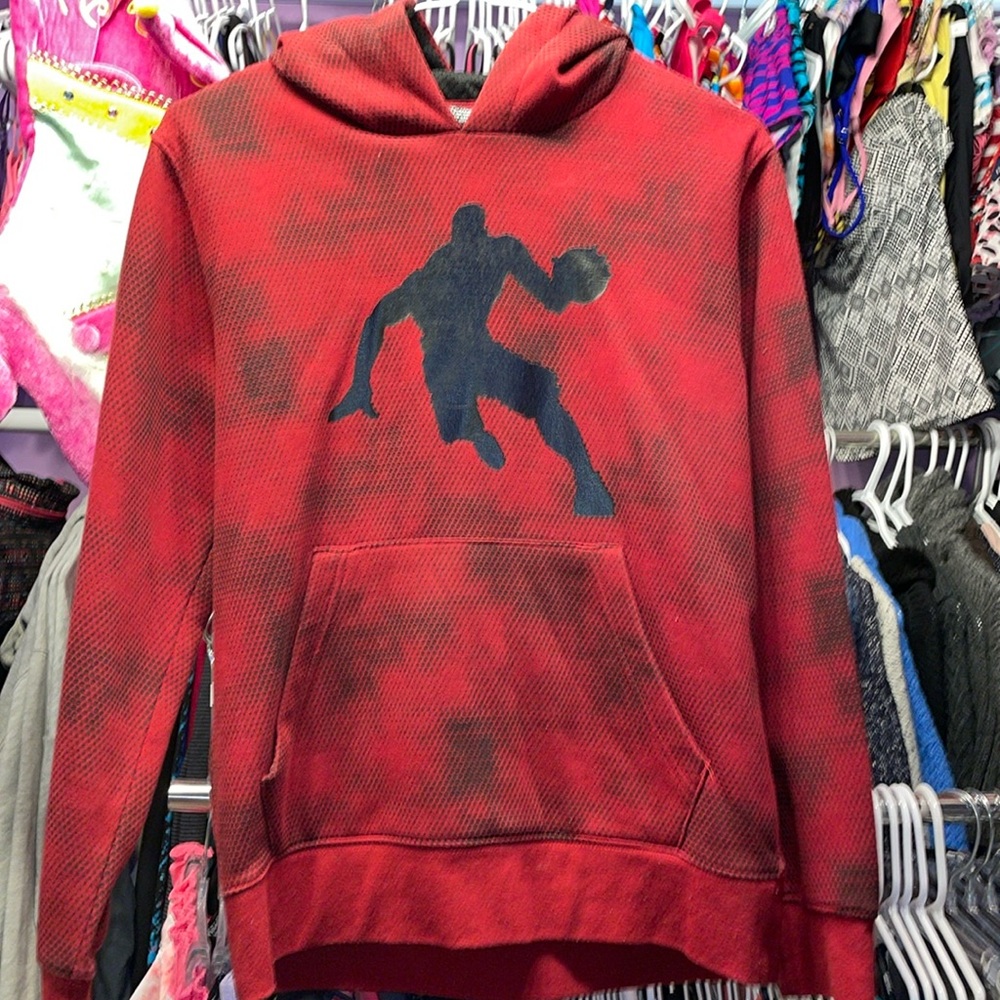 AND1 basketball hoodie red with black basket ball player kids large 10 - 12
